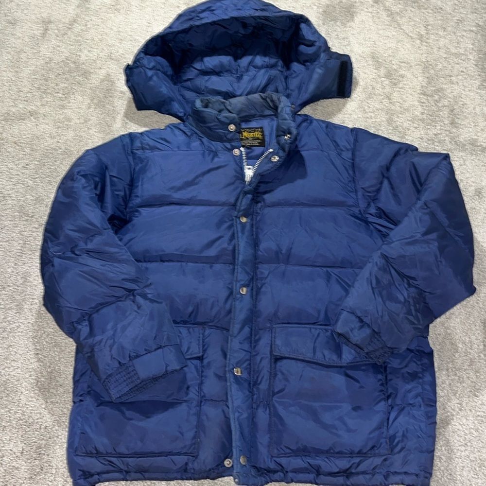 Vintage St Moritz Ski Team Down Feathers Insulated Hooded Parka Jacket XL Blue